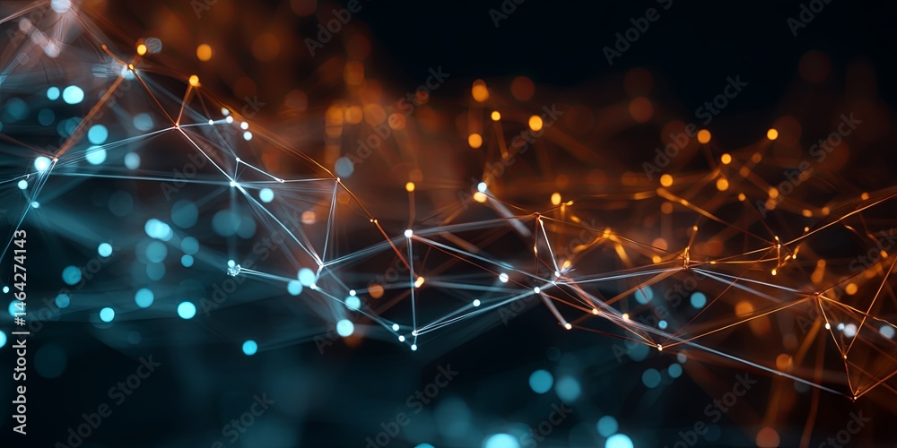 Poster Abstract digital network with glowing nodes and connecting lines showcasing interconnectivity in a vibrant and futuristic color palette