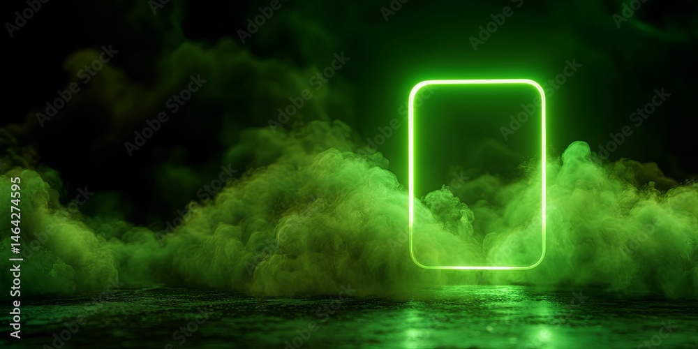 Poster neon information icon in green light with smoke background, digital aesthetic visual for technology 