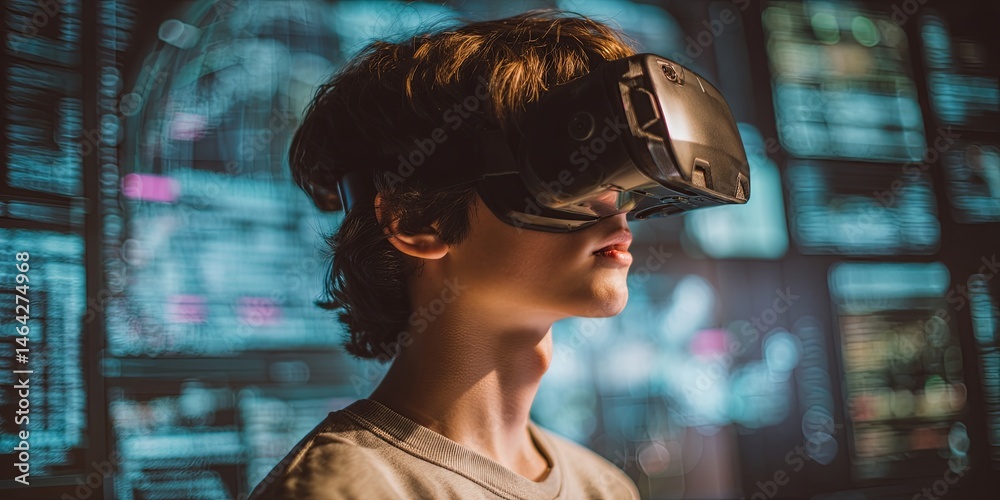 Poster Young person wearing virtual reality headset in front of code and data visualization on a wall, exploring immersive technology and digital information environment
