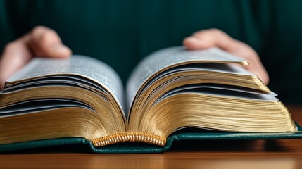 Naklejka premium Open book with gold-edged pages held by a person on a wooden table