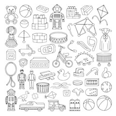 Set of toys themed doodle on white background. Hand drawn abstract doodle isolated on white background.