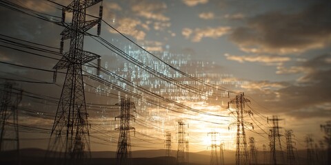 Dynamic Electricity Transmission with Power Lines and Digital Binary Codes Symbolizing Energy Flow and Technological Advancement at Sunset