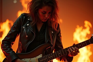 Obraz premium hard rock musician young woman with electric guitar, dressed in black leather, burning fire in background