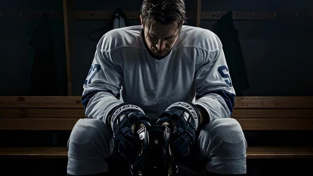 Depressed hockey player sitting on bench in locker room. Man wearing uniform in dark changing room. Disappointment, stress and team sport concept.