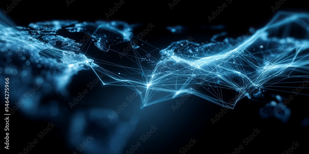 Leinwandbilder Vibrant Blue Network Connections Illustrating Global Digital Communication and Data Flow with Abstract Lines Over a Dark Background