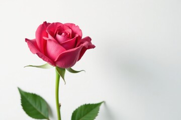 Fototapeta premium Single artificial rose, vivid hue, pure white background , blossom, colorful rose, macro photography