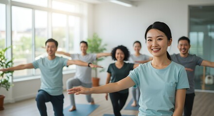 Diverse Group of Happy People Practicing Yoga in a Bright Studio Setting, Promoting Wellness and Mindfulness Through Physical Activity
