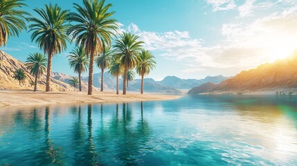 Hidden oasis the desert crystal clear water reflecting the sky palm trees swaying in the breeze cinematic tropical paradise