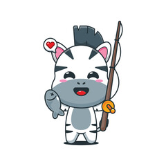 Cute zebra cartoon vector illustration catching fish with fishing rod