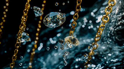 A background of water with some gold chains hanging, a few diamonds floating in the air, jewelry product photography