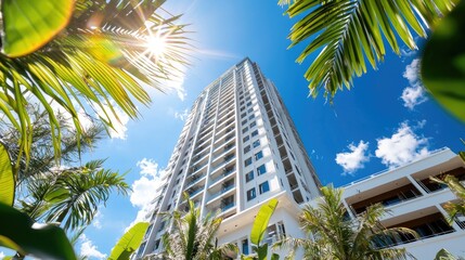 Fototapeta premium Tropical palm trees and blue sky meet city buildings under the summer sun