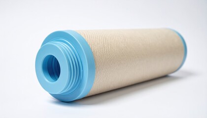 A cylindrical water filter cartridge with a blue plastic end and a textured beige surface, designed for efficient filtration