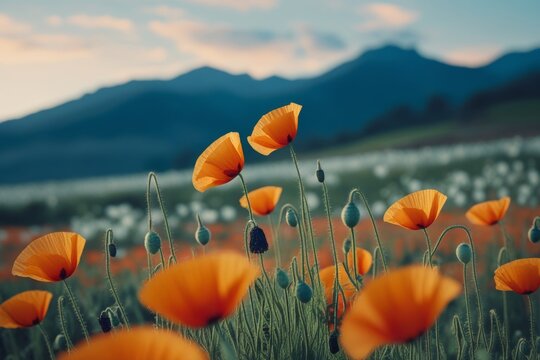 Vibrant poppy flowers, green field, majestic snowy mountains in background, blue sky with white clouds, warm golden light, serene landscape, tall grasses and wildflowers, peaceful summer day