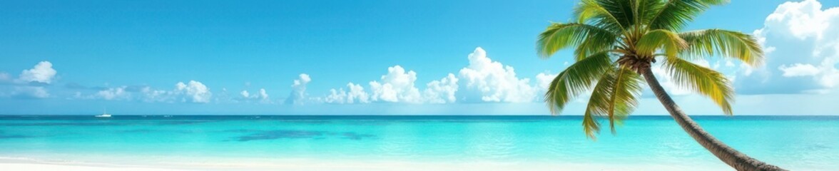 Single palm tree leans over pristine white sand beach, turquoise ocean backdrop, view, paradise, asset