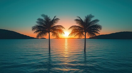 Sunset Ocean view between palm trees on a tropical island