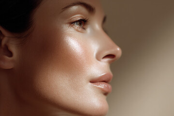 closeup of womans face showcasing radiant glowing complexion enhanced by highlighter