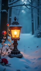 Obraz premium Burning flames of old candles and a magic lamp cast a warm candlelight in the dark temple, creating an antique ambiance
