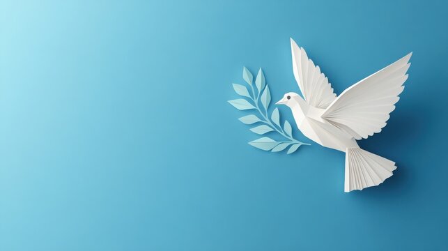 origami peace dove with olive branch on blue background banner template