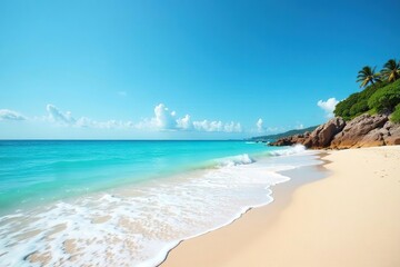 Obraz premium Clear blue sky above pristine beach, gentle surf, shoreline, sun