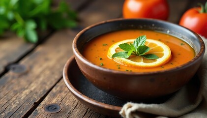 Bowl of untouched soup, rustic wooden table setting, untouched, hearty