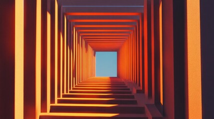 Obraz premium This 3d illustration shows an empty red corridor with columns, a modern architecture design concept for a building interior hall with perspective light