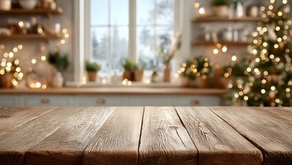Rustic wooden table in a cozy, festive kitchen with blurred holiday lights, plants, and a decorated Christmas tree in the background.