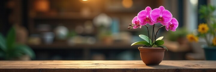 Single potted orchid, vivid hues, wooden market table, stall, flower, detail