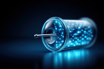 Close-up of a transparent syringe filled with glowing blue liquid showcasing advanced technology in medical innovation highlighting the intersection of healthcare and digital trends