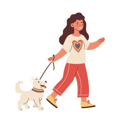Woman Walking Dog with rainbow heart. LGBT community and lifestyle