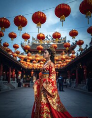 Chinese beautiful woman wearing traditional dress and hairstyle, close up, look up to colorful lanterns