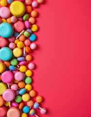Obraz premium colorful candies, lollipops, and macaroons arranged in a flat lay on the left side of the frame over a vibrant red background, clear copy space on the right for text or graphics.
