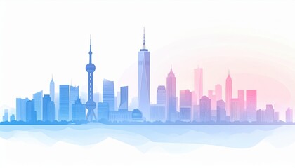 Obraz premium A colorful skyline illustration featuring iconic skyscrapers, blending blue and pink hues against a light background