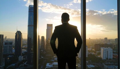 Fototapeta premium Businessman Looks at City Skyline at Sunset