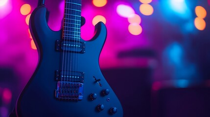 Electric guitar bathed in vibrant neon light onstage ready for rocking performance