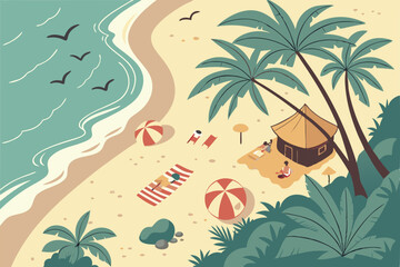 100 Tropical beach scene, vibrant colors, palm trees, turquoise ocean, sandy shore, colorful beach umbrellas, beach towels, people relaxing, inflatable beach ball, thatched hut, birds in sky, fluffy c