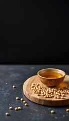 front view of a wooden cutting board with a bowl of soybean oil, placed on the right side of the image against a black background