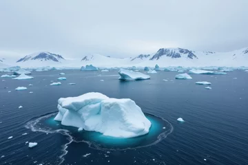 Gordijnen icecaps in antarctica with iceberg melting in ocean, subject at bottom, pure white tones with copy space at top, photo. © Na