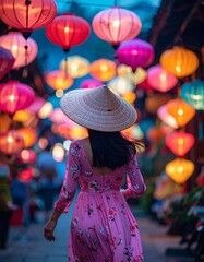 Vietnam woman wearing vietnam dress and traditional hat, colorful lanterns background