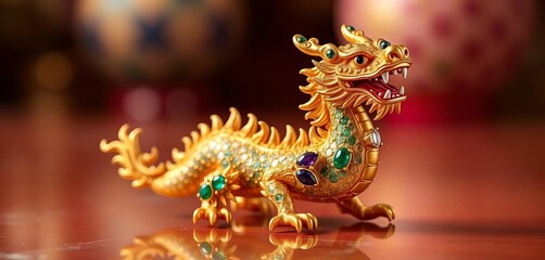 Fototapeta premium Miniature dragon statue crafted from precious stones and gold, symbolizing the Chinese zodiac's Year of the Dragon, lucky charm, miniature