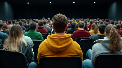Audience attending a presentation in a large auditorium setting
