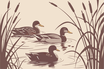 101 Photorealistic painting, three mallard ducks swimming, tranquil pond, rippling water, cattails, reeds, soft lighting, muted colors, wildlife illustration, detailed feathers, reflections on water s