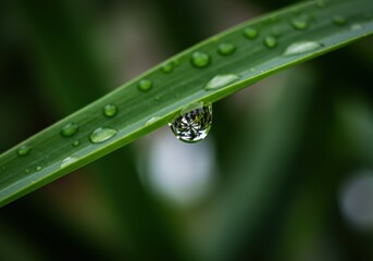 Close-up of dewdrop reflecting plant on fresh green leaf