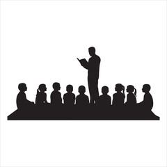 Silhouette of Teacher Reading to Group of Children – Education and Storytelling Concept vector