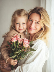 Mother and daughter holding pink roses bouquet by window light, intimate family portrait with blonde hair and warm natural lighting creating tender moment
