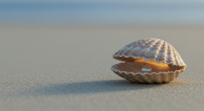 Open seashell with glimmering pearl on tranquil beach sand at sunrise