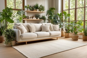 Contemporary living room full of houseplants. Cozy interior with white walls, huge windows, wooden furniture, comfortable coach, natural carpet. Home design in earthy tones. Blank carpet mockup