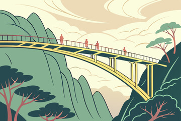 102 Elevated golden bridge, winding mountain path, lush green landscape, misty valleys, stylized illustration, soft pastel colors, geometric design, perspective view, architectural marvel, tiny people
