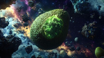 Fototapeta premium Green fruit floating in a cosmic debris field.