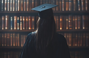 Concept of legal education, justice. Judge gavel, mortarboard on books at university library. Symbols of jurisprudence, learning, degree, law school graduation. Judicial system concept.