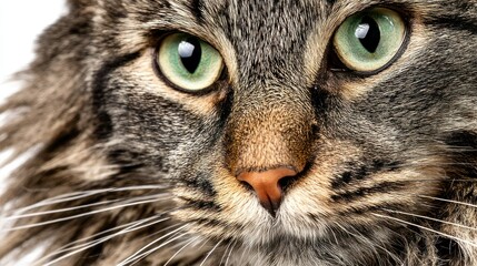 Tabby cat face with green eyes, close up and detailed view